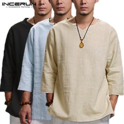 INCERUN Chinese Style Mens Shirts Long Sleeve Folded V Neck Plain Tee Shirt Loose Fit Cotton Tops Man Camisas Masculina Clothing