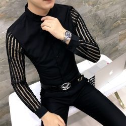 Men Shirt 2019 Spring Hollow Lace Patchwork Long Sleeve Shirt Men Streetwear Mens Shirts Casual Slim Fit Night Club Dress Tuxedo