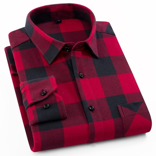 Men's 100% Cotton Casual Plaid Shirts Pocket Long Sleeve Slim Fit Comfortable Brushed Flannel Shirt Leisure Styles Tops Shirt