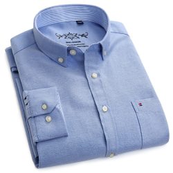 Men's Long Sleeve Blue Oxford Dress Shirt with Left Chest Pocket Cotton Male Casual Solid Button Down Shirts 5XL 6XL Big size