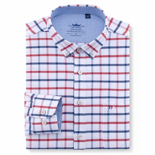 Men's Long Sleeve Oxford Plaid Striped Button Down Dress Shirt with Single Chest Pocket 100% Cotton Leisure Office Work Shirts