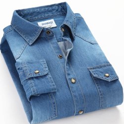 Spring Autumn Men Denim Thin Shirt Long Sleeve Soft 100% Cotton Two Pockets Slim Slight Elastic Jeans Cowboy 4XL