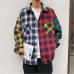 Spring personality Korean version of the trend of color matching plaid shirt men's casual hip hop loose long-sleeved shirt 5XL