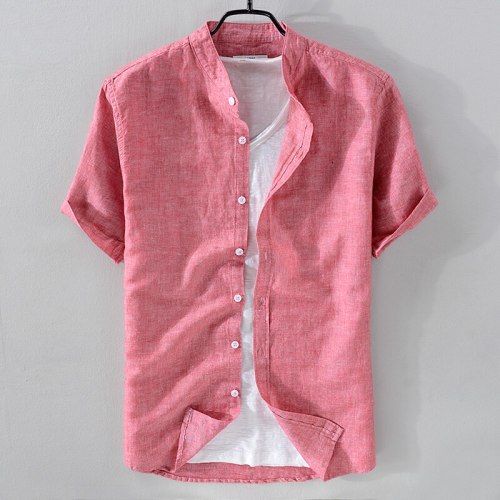 2018 New arrival stand collar linen shirt men short sleeve breathable shirt mens cotton solid coral-red shirts male chemise