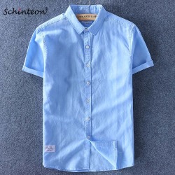 2019 Men Cotton Linen Shirt Short Sleeve Thin Top Slim Casual Shirts High Quality White Green Pink Blue