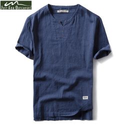 2019 New Summer Brand Shirt Men Short Sleeve Loose Thin Cotton Linen Shirt Male Fashion Solid Color Trend V-Neck Tees Hi-Q