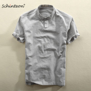 2019 Schinteon Men Casual Cotton Linen Shirt Summer Solid Color Thin Short Sleeve Stand Color