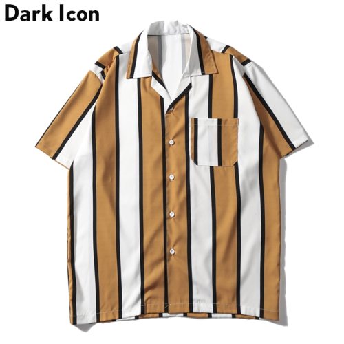 Dark Icon Striped Turn-down Collar Front Pocket Street Shirts Men 2019 Summer Hawaii Style Men's Shirts Hip Hip Shirt