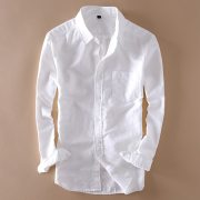 Elegant Mens Long Sleeve White Linen Shirt Slim Fit Turn-down Collar Soft Loose Thin Clothes Classic Hemp Shirts Beach Clothing