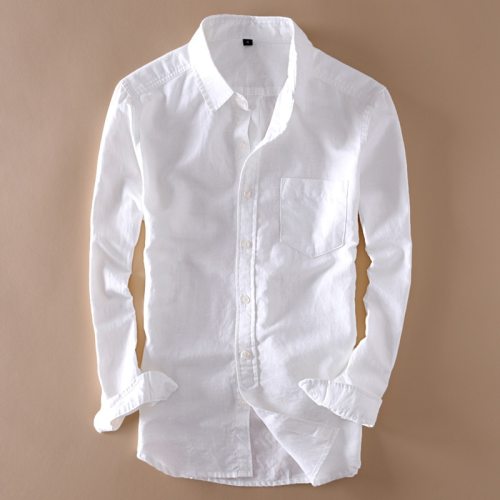 Elegant Mens Long Sleeve White Linen Shirt Slim Fit Turn-down Collar Soft Loose Thin Clothes Classic Hemp Shirts Beach Clothing