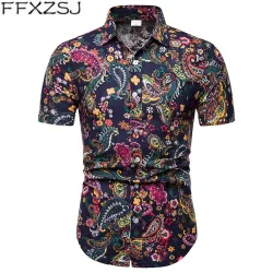 FFXZSJ Brand 2019 summer Men's short sleeve Linen shirt printing floral shirt Lapel Casual Shirts Hawaii European size 26 color
