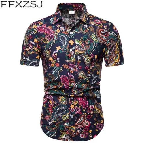 FFXZSJ Brand 2019 summer Men's short sleeve Linen shirt printing floral shirt Lapel Casual Shirts Hawaii European size 26 color