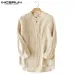 INCERUN Casual Men Shirt 3/4 Sleeve Stand Linen Baggy Male Tops Blouse Solid Collar Cotton Leisure Vintage Shirts Men Plus Size