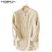 INCERUN Casual Men Shirt 3/4 Sleeve Stand Linen Baggy Male Tops Blouse Solid Collar Cotton Leisure Vintage Shirts Men Plus Size