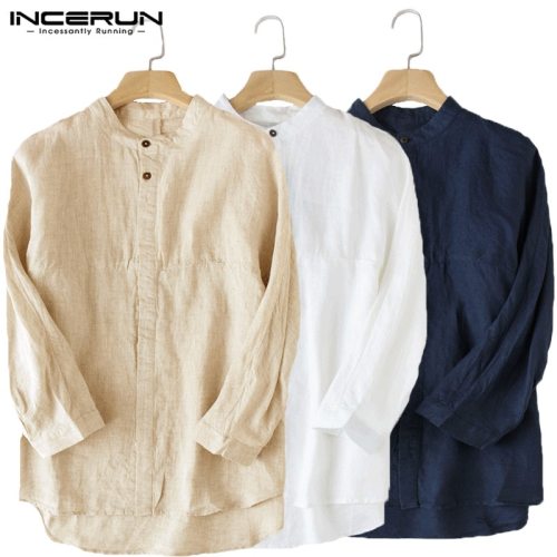 INCERUN Casual Men Shirt 3/4 Sleeve Stand Linen Baggy Male Tops Blouse Solid Collar Cotton Leisure Vintage Shirts Men Plus Size