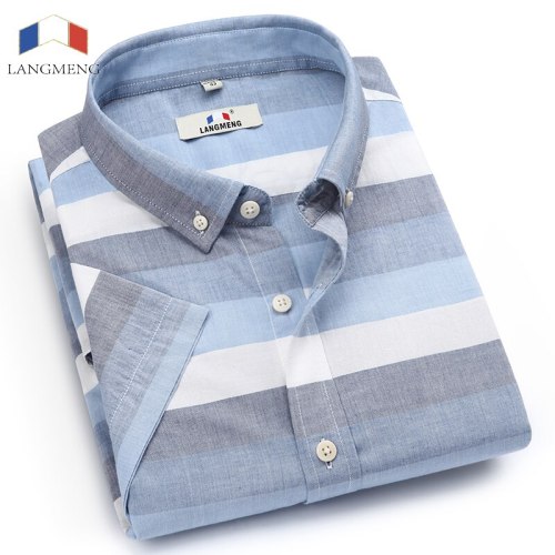 Langmeng Brand New Cotton Linen summer Slim Fit Casual Shirts short Sleeve striped Shirt Social Men Dress Shirts chemise homme