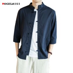 Linen Cotton Men Shirt Master Clothing Plus 5XL Three Quater Sleeve Flax Shirt Solid Pocket Slim Retro Shirts Male Size M-5XL