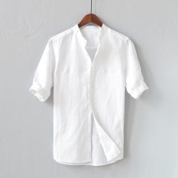 Men Solid Soft Cotton Linen Casual Shirts Summer Fashion Five-point Sleeve Shirts Man Male Loose Shirt Tees Clothes Top M-3XL