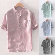 Men's Baggy Stripe Cotton Linen Short Sleeve Button Pocket Shirts Tops Blouse M-3XL camisas hombre manga larga #30