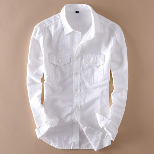 Mens Brand 2019 Long Sleeve Casual Linen Shirt Mens Social Turn-down Collar Slim 2 Pockets Solid White Designer Dress Shirts XXL