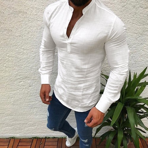 Men's Shirts Cotton Linen Shirt Men Long Sleeve V Neck Button Up Shirts Male Casual Business Fit Blouse Men Shirt style 2019