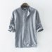 NEW Men's Shirts 55%Linen + 45%Cotton Three Quater Sleeve Striped Shirts Men Fashion Flax Shirt Linen Men Clothing size M-3XL