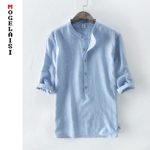 NEW Men's Shirts 55%Linen + 45%Cotton Three Quater Sleeve Striped Shirts Men Fashion Flax Shirt Linen Men Clothing size M-3XL