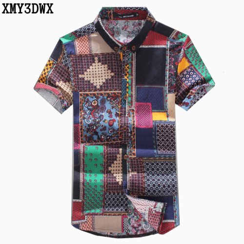 New 2018 Summer Men's fashion brand Pattern leisure linen big yards short sleeve shirts / Male National wind casual Print shirts