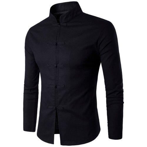 New Arrival Men's Chinese Tradition Style Shirt Male Solid Color Mandarin Collar shirts Long Sleeve cotton linen Casual Shirt