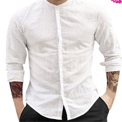 New Men's Long Sleeve Solid Cotton Linen Casual Shirts Shirt V-Neck Cotton Chinese Style Summer Beach Top