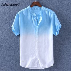 Schinteon 2019 Gradient Men Short Sleeves Shirt Summer Cotton Linen Slim Stand Collar Comfortable Shirts