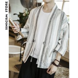 Sinicism Store Mens Cotton Linen Shirts Man Summer Striped Kimono Shirts Male Three Quarter Sleeve Open Stitch Casual Shirt 2019