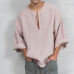 Summer Fashion Men Autumn Long Sleeve Shirts Blouses Loose Casual Soft Linen V-neck Shirt Tops Solid Color Clothes