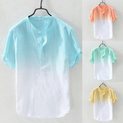 Summer Men's Cool And Thin Breathable Collar Hanging Dyed Gradient Cotton Shirt Slim Fit Tees Tops Male Breathable Linen Shirt