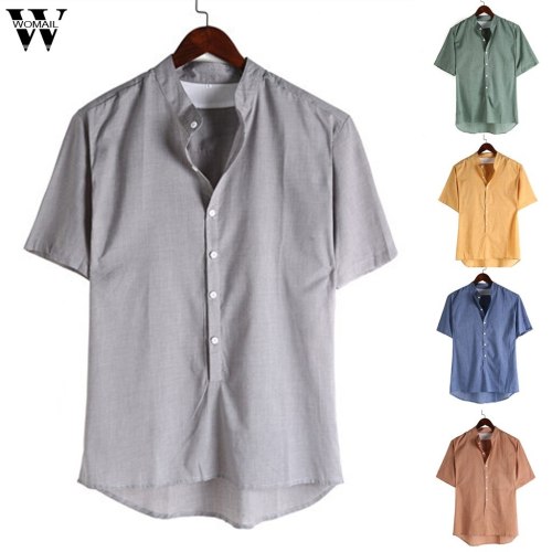 Womail Men Shirt Short-sleeved Baggy Cotton Linen Solid Button Shirts Daily Beach high quality New summer Fashion M-4XL