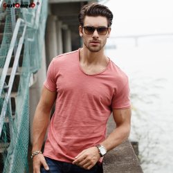 GustOmerD Brand T shirt Men's V-neck Slim Fit Pure Cotton T-shirt Fashion Short Sleeve T shirt Men's Tops Casual Tshirt M-XXL