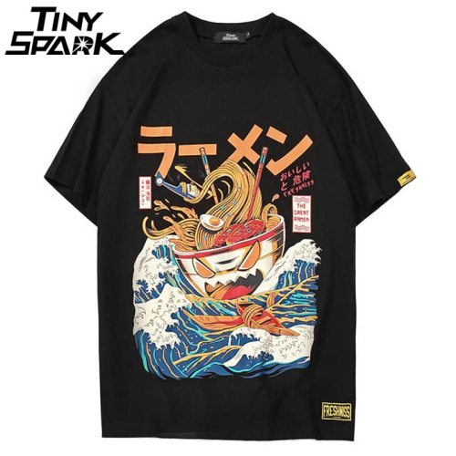 Japanese Harajuku T-Shirt Men 2018 Summer Hip Hop T Shirts Noodle Ship Cartoon Streetwear Tshirts Short Sleeve Casual Top Cotton