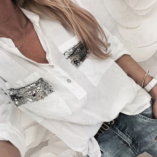 2018 New Women White Blouse Long Sleeve Button-Down Low Cut Blouse White Casual Shirt Tops Fashion Clothes