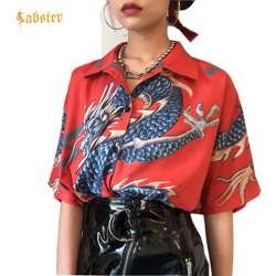 2018 Summer Women Tops Harajuku Blouse Women Dragon Print Short Sleeve Blouses Shirts Female Streetwear kz022