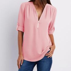 2019 Hot Women Chiffon Shirt Fashion V-neck Zipper Pink White Blouse 13 colors for Female Work Wear Tops 4XL 5XL Blusas NS9003