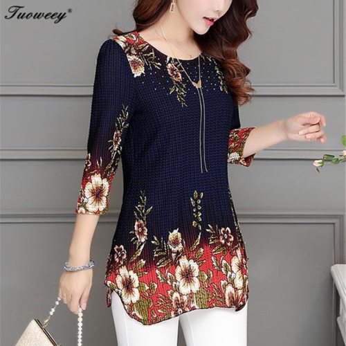 2019 New Arrival Fashion Summer Three Quarter Slim floral long Shirt Female Casual Slim Color Plus Size elegant Printed Blouse