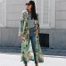 2019 New Vintage Pareo Retro Floral Print Green Long Kimono Jacket Long Sleeve Cardigan Maxi Shawl Summer Tops Belted Beachwear