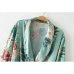 2019 New Vintage Pareo Retro Floral Print Green Long Kimono Jacket Long Sleeve Cardigan Maxi Shawl Summer Tops Belted Beachwear