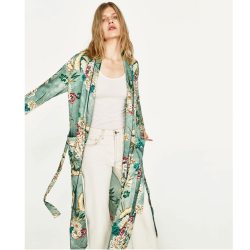 2019 New Vintage Pareo Retro Floral Print Green Long Kimono Jacket Long Sleeve Cardigan Maxi Shawl Summer Tops Belted Beachwear