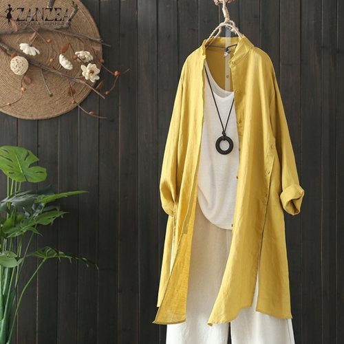 2019 Plus Size ZANZEA Spring Autumn Women Casual Lapel Long Sleeve Vintage Cotton Linen Loose Work OL Long Shirt Cardigan Blouse