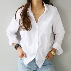 2019 Spring One Pocket Women White Shirt Feminine Blouse Top Long Sleeve Casual Turn-down Collar OL Style Women Loose Blouses