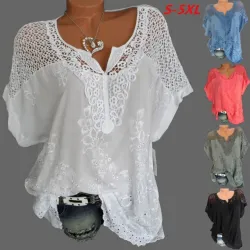 2019 Summer New Women Short Sleeve Solid Color Shirt Fashion Openwork Lace Crochet Shirt Street Casual 5 Color  Shirt Size S-5XL