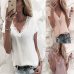 2019 Women Blouse Tops Summer Top Casual Loose Short Sleeve Solid Lace V-neck Chiffon Blouses Female Shirts Vest Blusa Plus Size