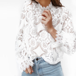 2019 fashion Summer White Lace Blouse Shirt Women High Street Petal Sleeve Blouses Female Casual Long Sleeve Tops