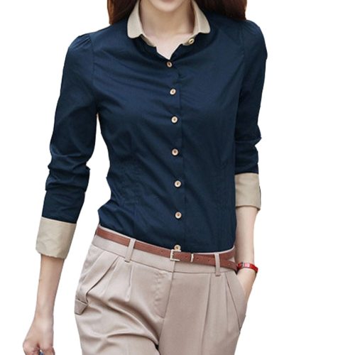 5XL Patchwork Long Sleeve Shirts Women Blouse Autumn Lapel Office Ladies Button Casual Shirt Plus Size Blouses Blue Tops Blusas